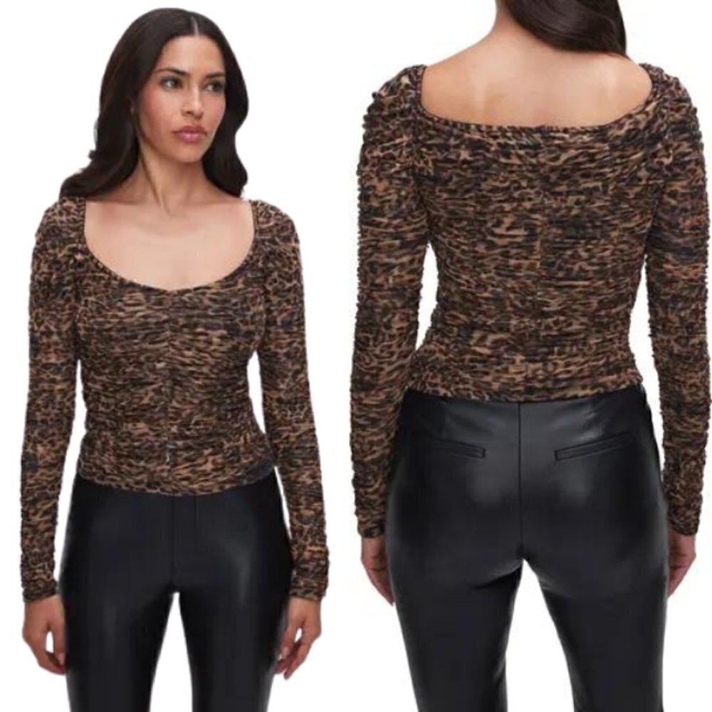 Good American Mesh Ruched Top Long Sleeve Leopard Print